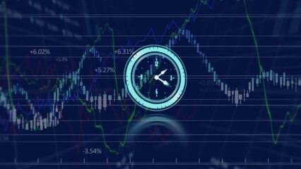Poster - animation of neon ticking clock over financial and stock market data processing on blue background