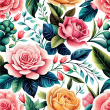 Vector Pattern Bright Floral Ornament Roses On White Background. For Printing On Clothing, Fabric, Wrapping Paper Flower And Leaves Background Wallpaper Vector Illustration. Vector Illustration