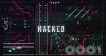 Poster - Animation of circuit board pattern, hacked text over graph, lines, navigation pattern, binary codes