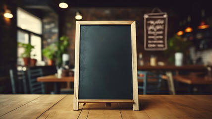 Wall Mural - Blank menu board on wooden top table with blurred of coffee shop background. Generative Ai