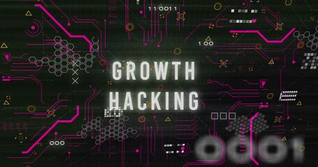 Poster - Animation of binary codes over circuit board pattern around growth hacking text on black background