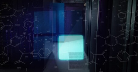 Poster - Animation of illuminated squares over molecule structures against server room in background