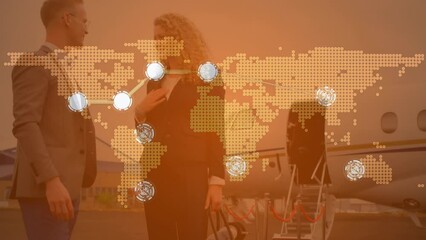 Poster - Animation of connected dots, map over diverse entrepreneurs talking and standing against private jet