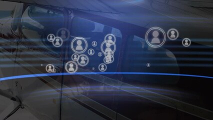 Poster - Animation of profile icons over personal jet plane at airport