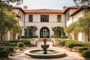 Wall Mural - a Mediterranean-inspired villa with stucco walls, a red tile roof, and a courtyard with a fountain - Generative AI