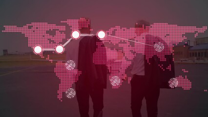 Poster - Animation of connected dots, map over diverse businessman walking towards private jet at airport