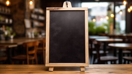 Wall Mural - Blank menu board on wooden top table with blurred of coffee shop background. Generative Ai