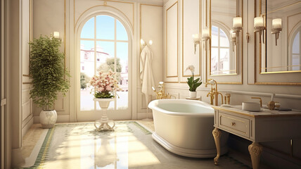 Wall Mural - Bright elegant bathroom interior in a luxury house. Generative Ai