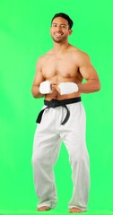 Poster - Martial arts, come here and confident man portrait with green screen and fitness for fight. Boxer, karate and mma of a Asian male athlete with exercise, motivation and sport training in studio