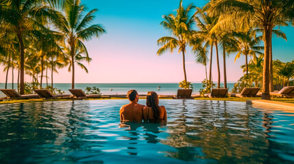 couple enjoying beach vacation holidays at tropical resort with swimming pool and coconut palm trees