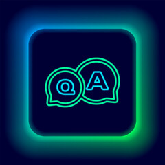 Wall Mural - Glowing neon line Speech bubbles with Question and Answer icon isolated on black background. Q and A symbol. FAQ sign. Chat speech bubble and chart. Colorful outline concept. Vector