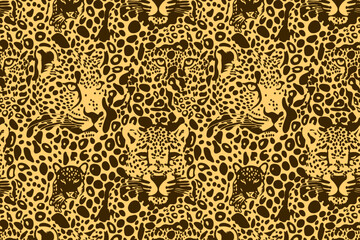 trendy leopard pattern horizontal background. vector hand drawn wild animal cheetah skin, leo face n