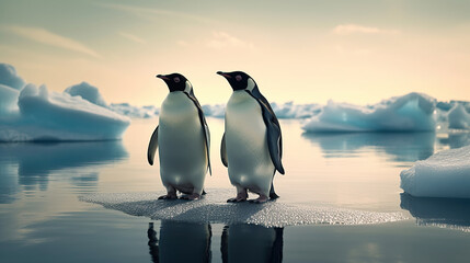 Wall Mural - Two cute emperor penguins confused by ice melting, world global planet climate change. Generative AI