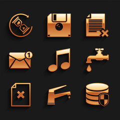 Poster - Set Music note, tone, Water tap, Database protection, , Delete file document and New, email incoming message icon. Vector