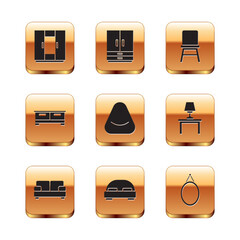 Sticker - Set Wardrobe, Sofa, Big bed, Pouf, Chest drawers, Chair, Mirror and icon. Vector