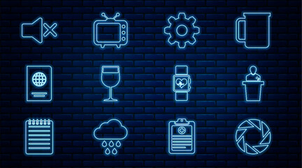 Poster - Set line Camera shutter, Speaker, Cogwheel gear settings, Wine glass, Passport, mute, Smart watch heart beat rate and Television tv icon. Vector