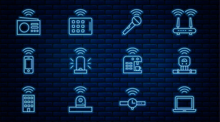 Poster - set line wireless laptop, smart sensor, microphone, flasher siren, smartphone, radio, coffee machine