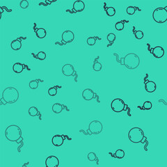 Poster - Black line Bomb ready to explode icon isolated seamless pattern on green background. Vector