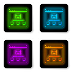 Wall Mural - Glowing neon line Server, Data, Web Hosting icon isolated on white background. Black square button. Vector