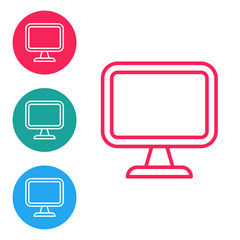 Poster - Red line Computer monitor screen icon isolated on white background. Electronic device. Front view. Set icons in circle buttons. Vector