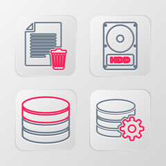 Sticker - Set line Setting database server, Database, Hard disk drive HDD and Delete file document icon. Vector