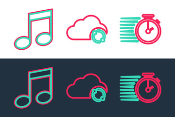 Poster - Set line Stopwatch, Music note, tone and Cloud sync refresh icon. Vector