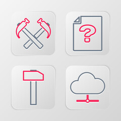 Poster - Set line Network cloud connection, Hammer, Unknown document and Two crossed hammers icon. Vector