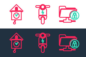 Poster - Set line FTP folder and lock, Retro wall watch and Electric scooter icon. Vector