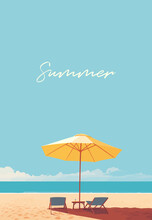 Summer Holidays. Sunny Umbrella With Sun Loungers On A Sandy Beach. Vertical Orientation. Vector Illustration For Covers, Prints, Posters