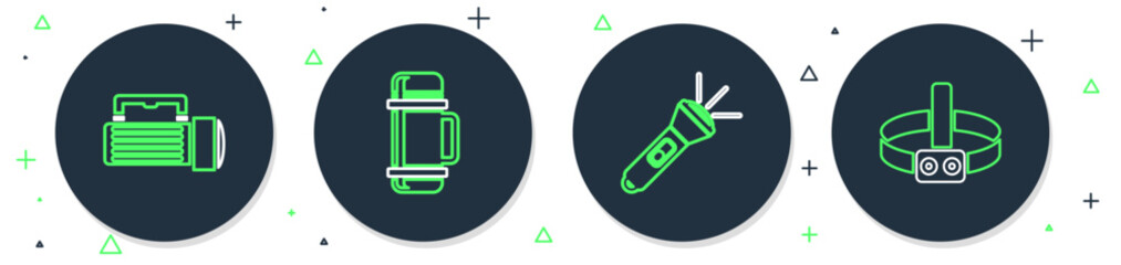 Sticker - Set line Thermos container, Flashlight, and Head flashlight icon. Vector