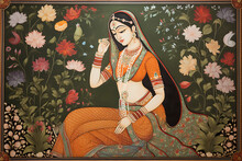Beautiful Indian Woman Wearing Saree And Ornaments. Indian Mughal Era Style Illustration. Decorative Floral Background.