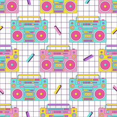 Wall Mural - retro boombox vintage seamless pattern 80s 90s geometric shapes in memphis style on checkered backgr