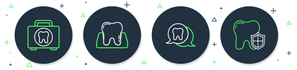 Sticker - Set line Tooth, First aid kit and Dental protection icon. Vector