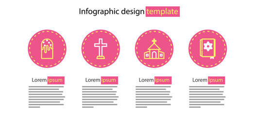 Poster - Set line Church building, Jewish torah book, Christian cross and Easter cake icon. Vector