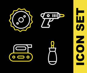 Sticker - Set line Electric cordless screwdriver, Screwdriver, planer tool and Circular saw blade icon. Vector