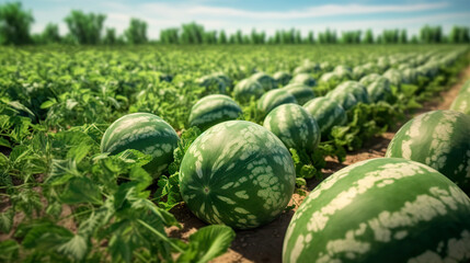 Mature big watermelons in the watermelon field, background blurry. Generative AI