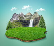 3d Illustration Of Cut Grass Ground With Landscape. The Trees On The Island. Eco Design Concept. Waterfall.