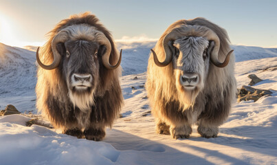 Wall Mural - Photo of Musk oxen, standing proud amidst a snowy landscape, their shaggy coats glistening in the sunlight showing their majestic horns, woolly fur, and rugged features. Generative AI