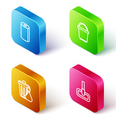 Poster - set isometric line paper towel roll, bucket, trash can and garbage bag and mop icon. vector