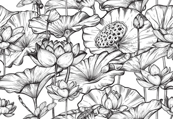 Vector seamless pattern with hand drawn blooming lotus flowers and leaves. Traditionsl oriental print. Best for textile.