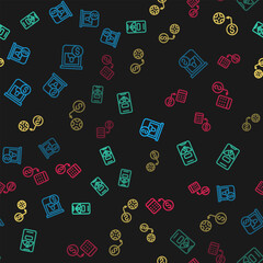 Poster - Set line Casino chips exchange, Lucky wheel on phone, and on seamless pattern. Vector