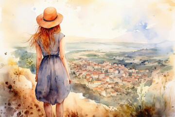 Wall Mural - Illustration  in a watercolor style. Beautiful girl in dress and hat  looking down at beautiful  village landscape from the hill. Viewed from behind. Travel and  relax. Generative AI.