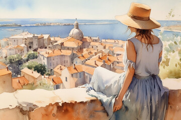 Canvas Print - Illustration  in a watercolor style. Beautiful girl in dress and hat  looking down at beautiful  sea town from viewing platform. Viewed from behind. Travel and  relax. Generative AI.