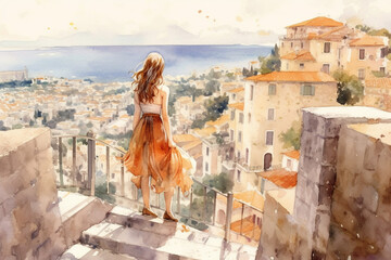 Wall Mural - Illustration  in a watercolor style. Beautiful girl in dress and hat  looking down at beautiful  sea town from viewing platform. Viewed from behind. Travel and  relax. Generative AI.