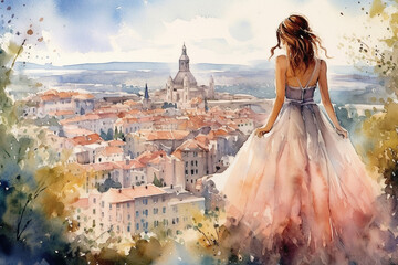 Canvas Print - Illustration of beautifull girl in long dress  looking down at  beautifull town from the hill, viewed from back in a watercolor style. Generative AI.