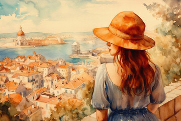 Canvas Print - Illustration  in a watercolor style. Beautiful girl in dress and hat  looking down at beautiful  town from the hill. Viewed from behind. Travel and  relax. Generative AI.