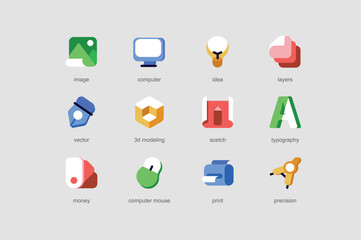 Aufkleber - Designer tools of web icons set in flat design. Pack of image, computer, idea, layer, 3d modelling, sketch, typography, money, print, precision and other. Vector pictograms for mobile app interface