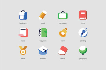 Poster - Education of web icons set in flat design. Pack of backpack, pencil, blackboard, book, notes, copybook, alarm, painting, medal, student, eraser and other. Vector pictograms for mobile app interface