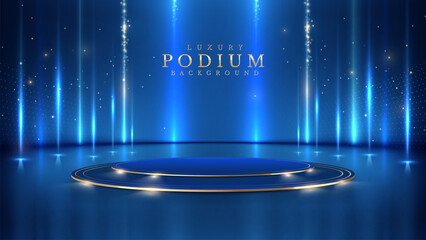 Wall Mural - empty podium golden on blue background with light neon effects with bokeh decorations. luxury scene 