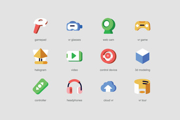 Aufkleber - Virtual reality of web icons set in flat design. Pack of gamepad, vr glasses, camera, hologram, video, control device, 3d modeling, headphones and other. Vector pictograms for mobile app interface